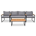 4 Piece Outdoor Patio Lounge Conversation Set, Metal Frame with Acacia Wood Armrest & Tabletop Furniture Set for Backyard Balcony Deck with Soft Cushions and Table