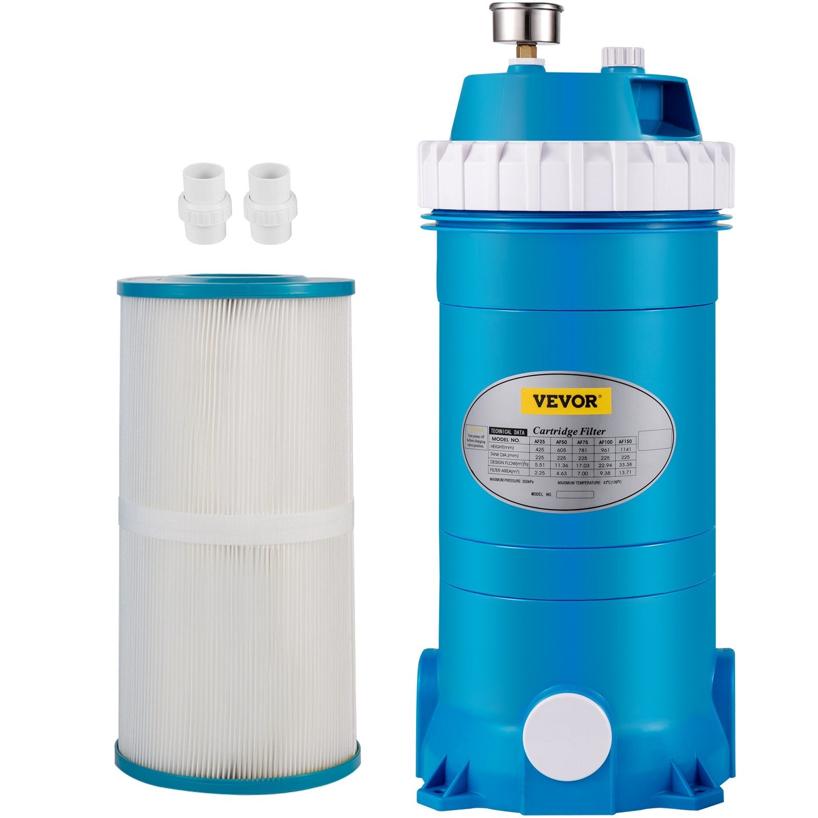 VEVOR Pool Cartridge Filter, 100Sq. Ft Filter Area Inground Pool Filter,Above Ground Swimming Pool Cartridge Filter System w/Polyester Cartridge,Corrosion-proof,Auto Pressure Relieve,2 Unions Included