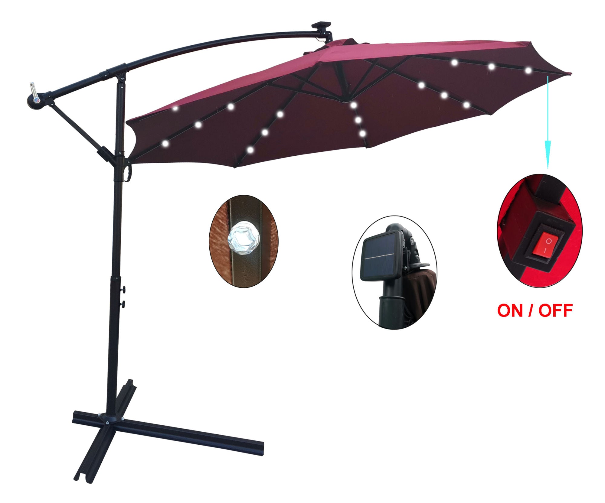 10 ft Outdoor Patio Umbrella Solar Powered LED Lighted Sun Shade Market Waterproof 8 Ribs Umbrella with Crank and Cross Base for Garden Deck Backyard Pool Shade Outside Deck Swimming Pool Burgundy RT
