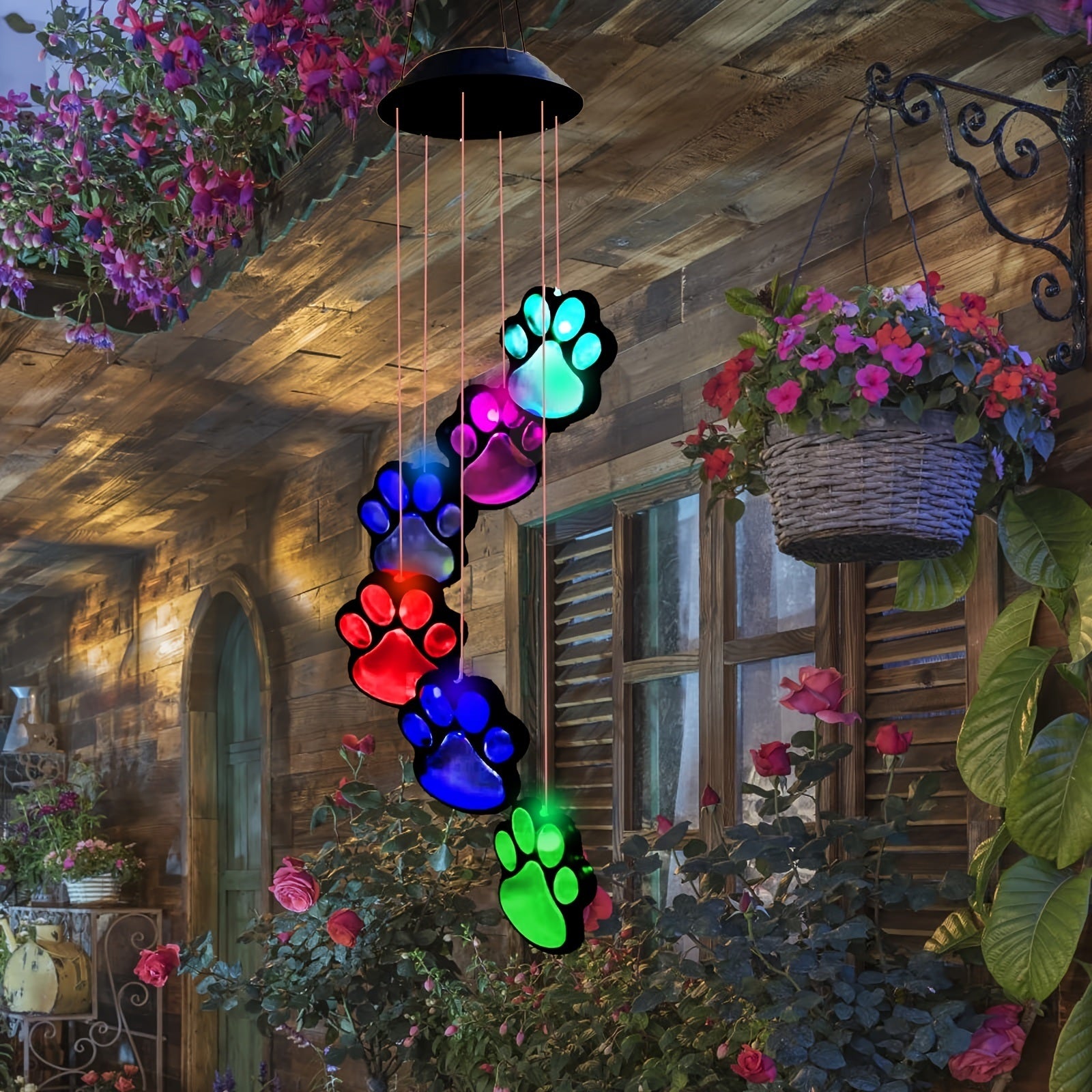 1pc, Paw Print Solar Wind Chimes For Outside, Dogs Cat Pet Paw Print Remembrance Wind Chimes,Waterproof Color Changing Solar Hanging Lights,Sympathy Gift For Pet Lover,Balcony,Patio,Yard Decor